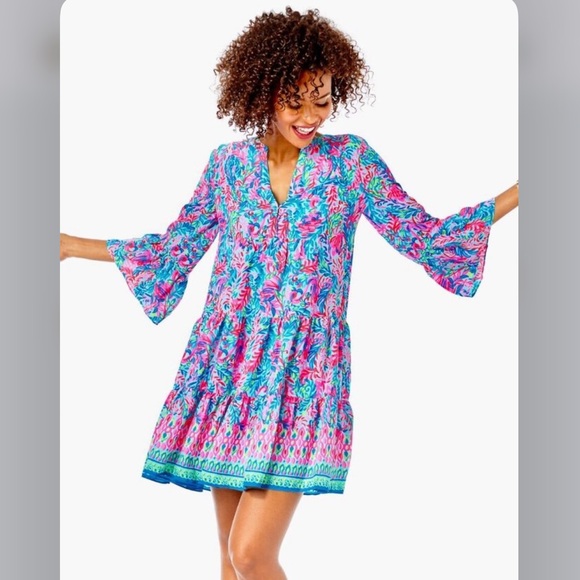 Lilly Pulitzer Gabriel Dress Surf Blue Flim Flam Engineered Print - Picture 9 of 11